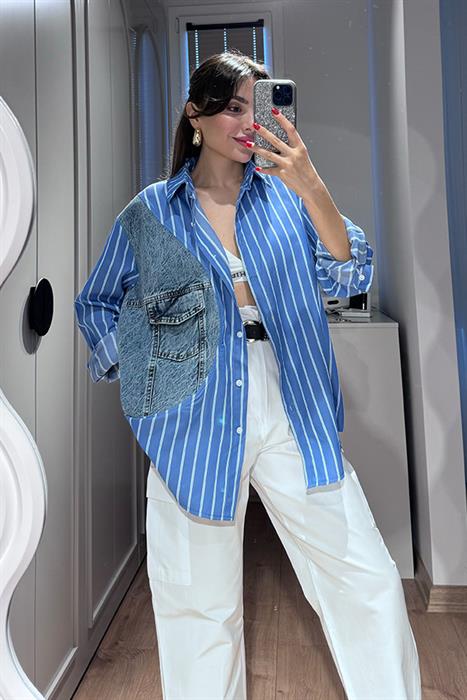 Roslin Jean Detaylı Çizgili Gömlek-Mavi