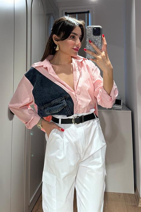 Roslin Jean Detaylı Çizgili Gömlek-Pembe