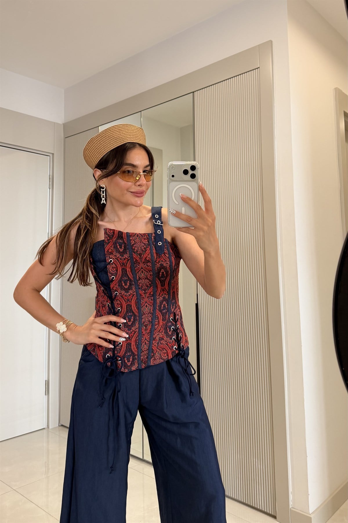 Rovia Lacivert Tek Askılı Desenli Korse