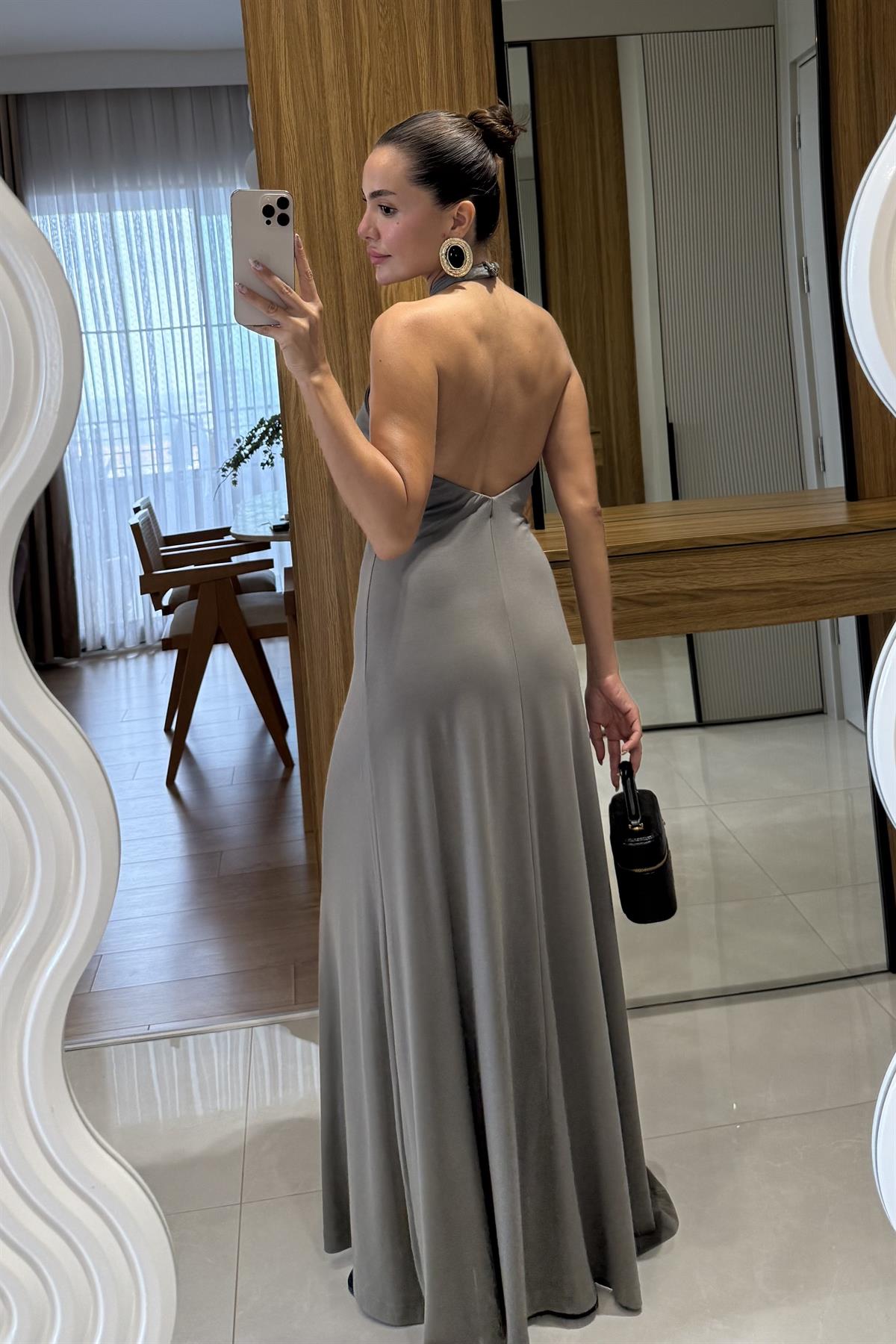 Royal Haki Boyundan Bağlamalı Maxi Elbise