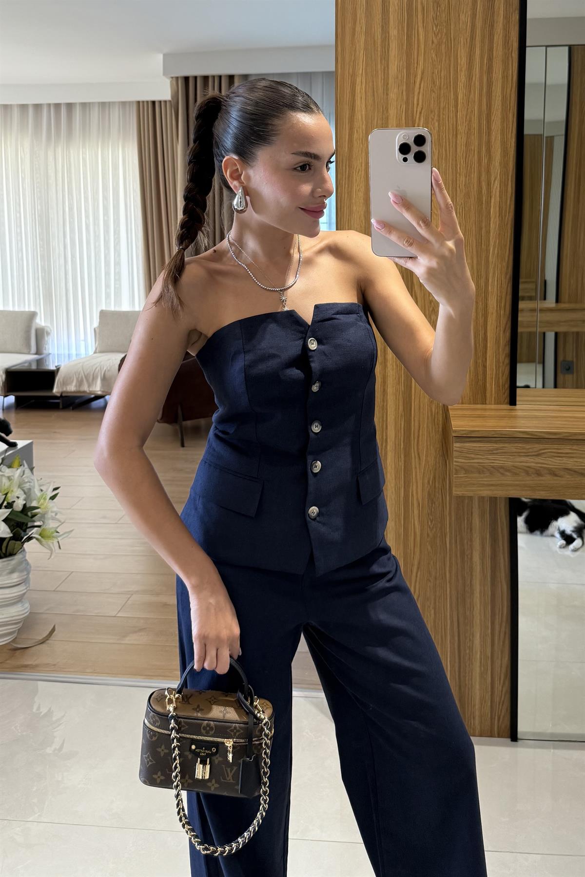 Rozina Lacivert Straplez Yelek Pantolon Takım