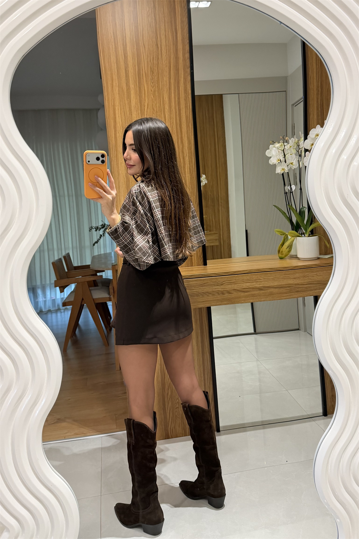 Ruana Kahve İnce Kemerli Şort Etek