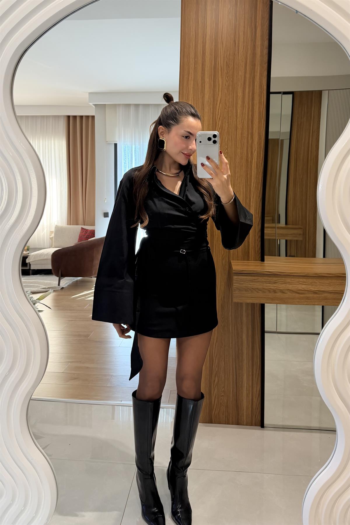 Ruana Siyah İnce Kemerli Şort Etek
