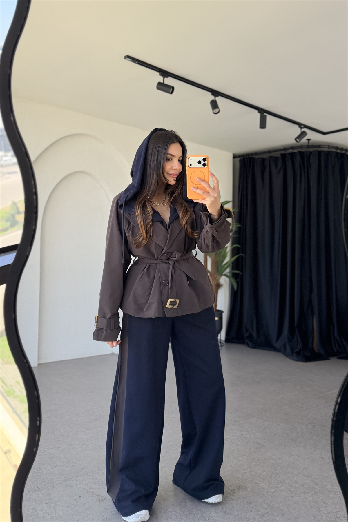 Rubert Kahve Lacivert Trenç Detaylı Kuşaklı Takım