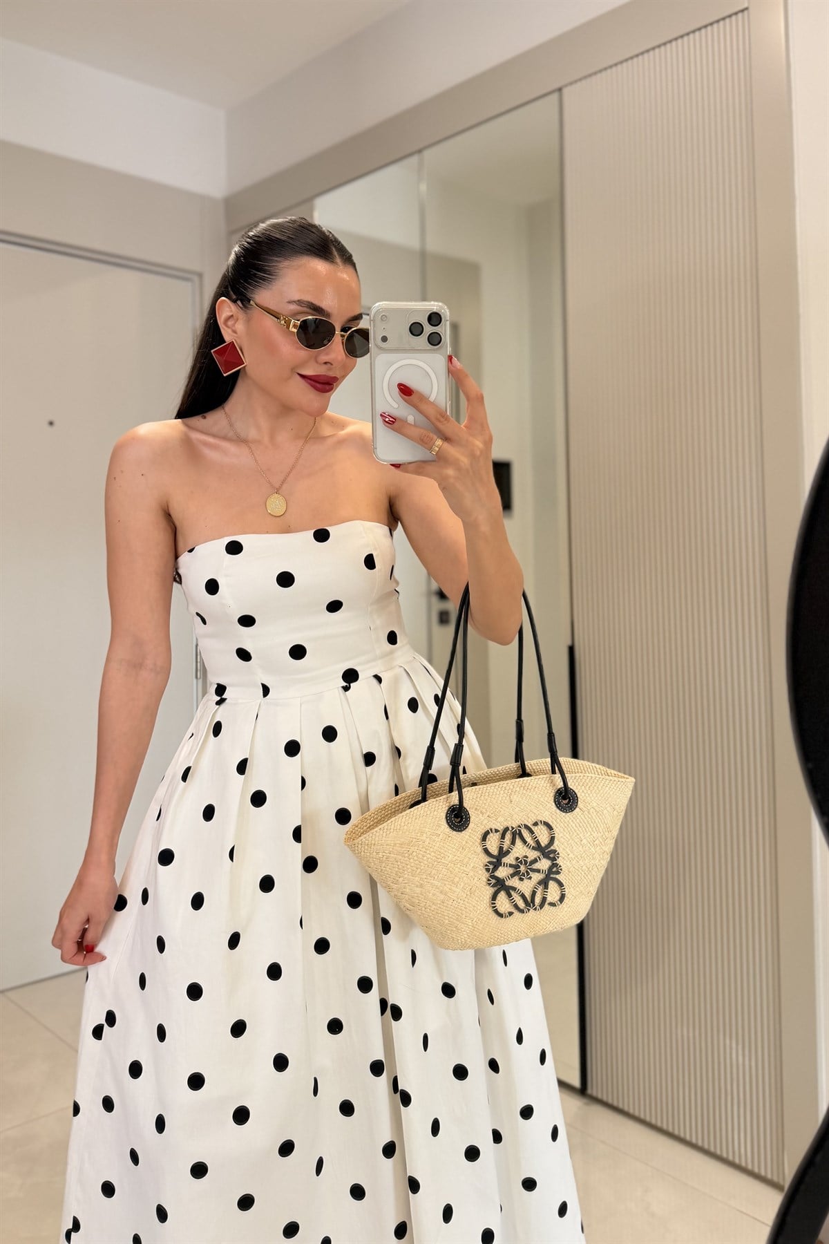 Ruby Puantiyeli Straplez Maxi Elbise