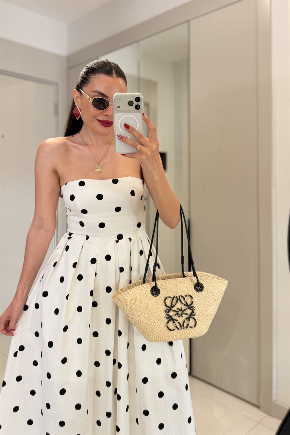 Ruby Puantiyeli Straplez Maxi Elbise