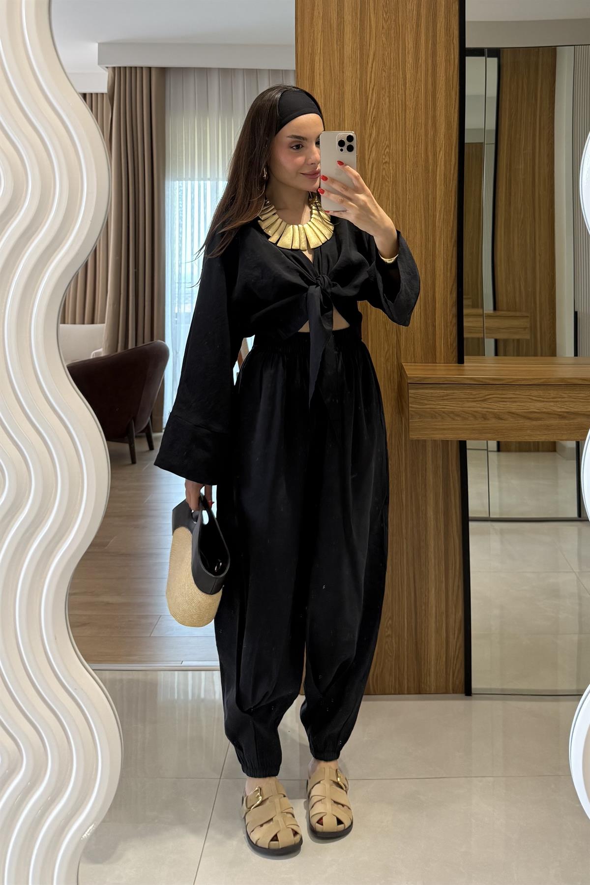 Ruffle Siyah Tensel Kemerli Takım 