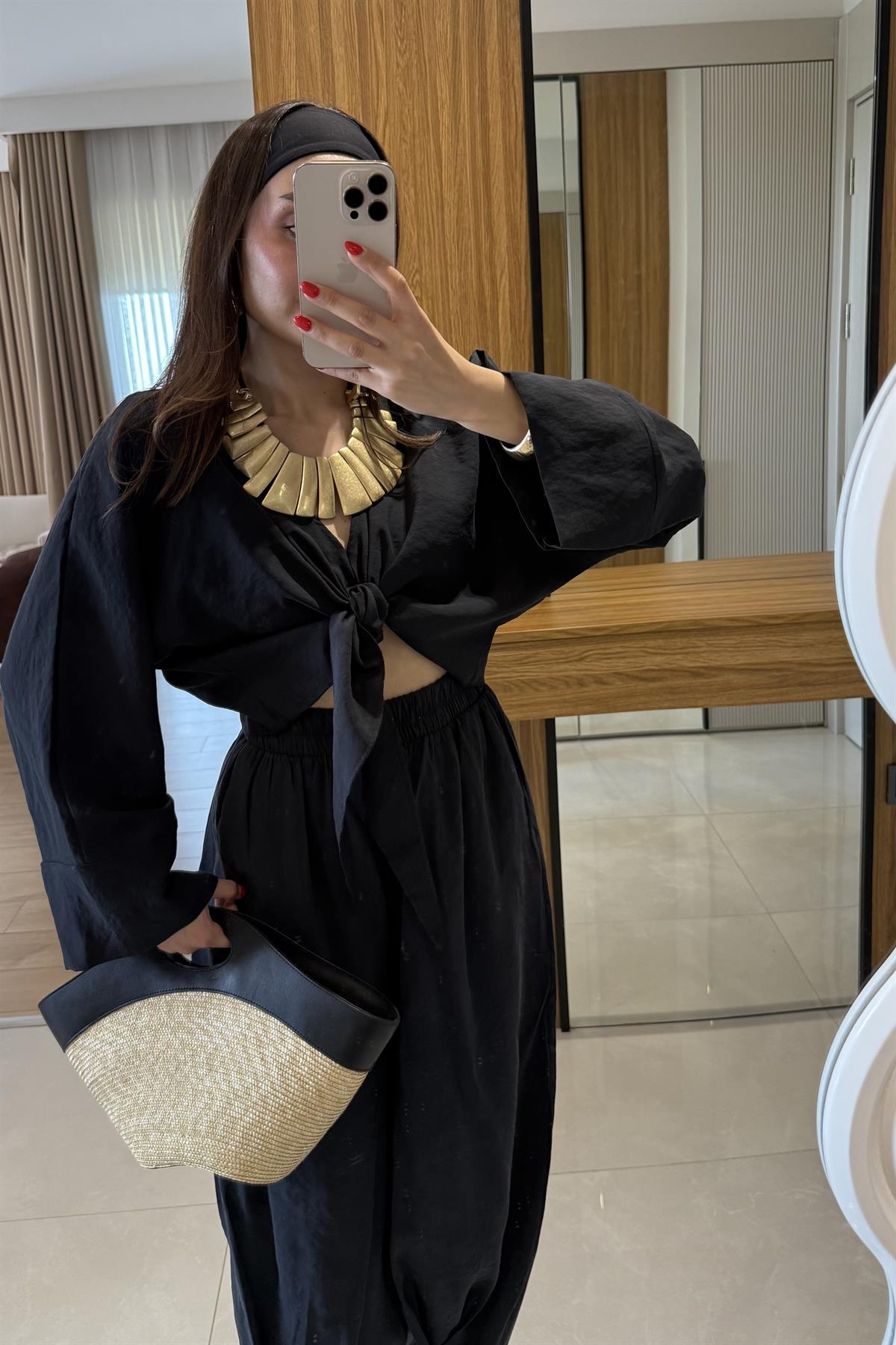 Ruffle Siyah Tensel Kemerli Takım 