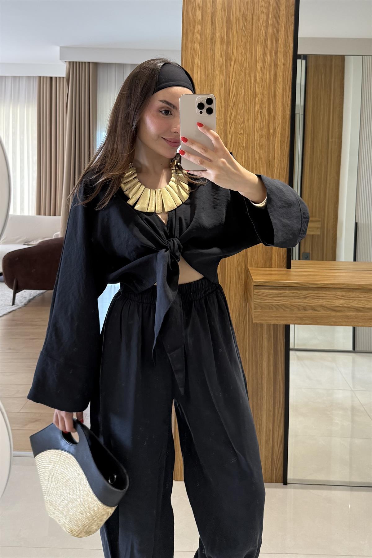 Ruffle Siyah Tensel Kemerli Takım 