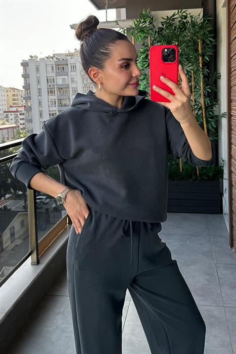 Ruffles Kapuşonlu Füme Eşofman Takım