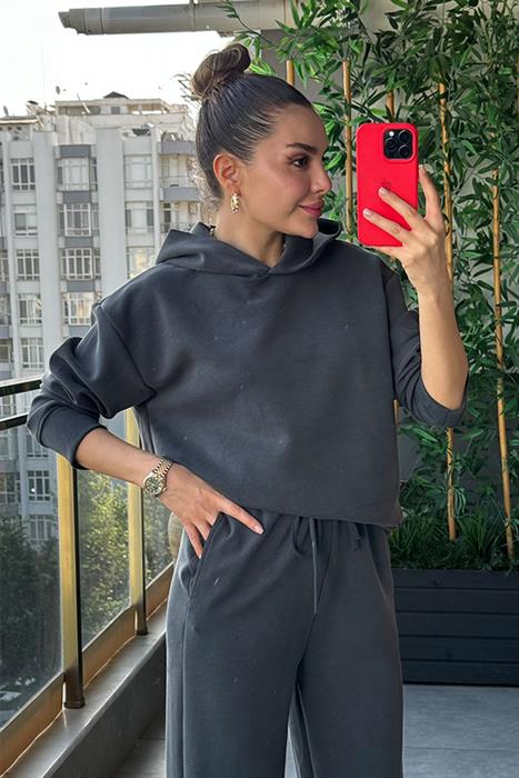 Ruffles Kapuşonlu Füme Eşofman Takım