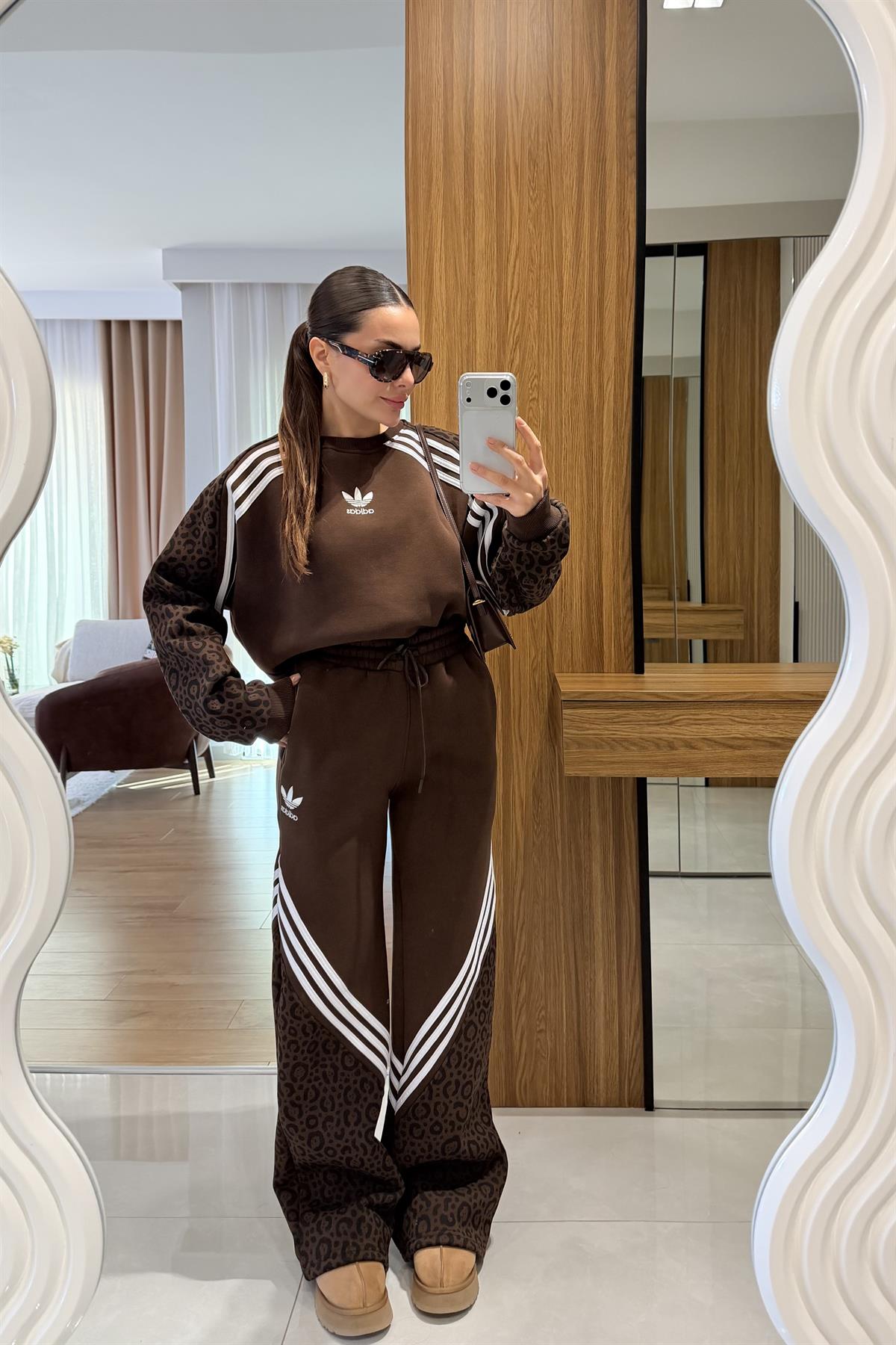 Rusian Kahve Şeritli Şardonlu Eşofman Takımı