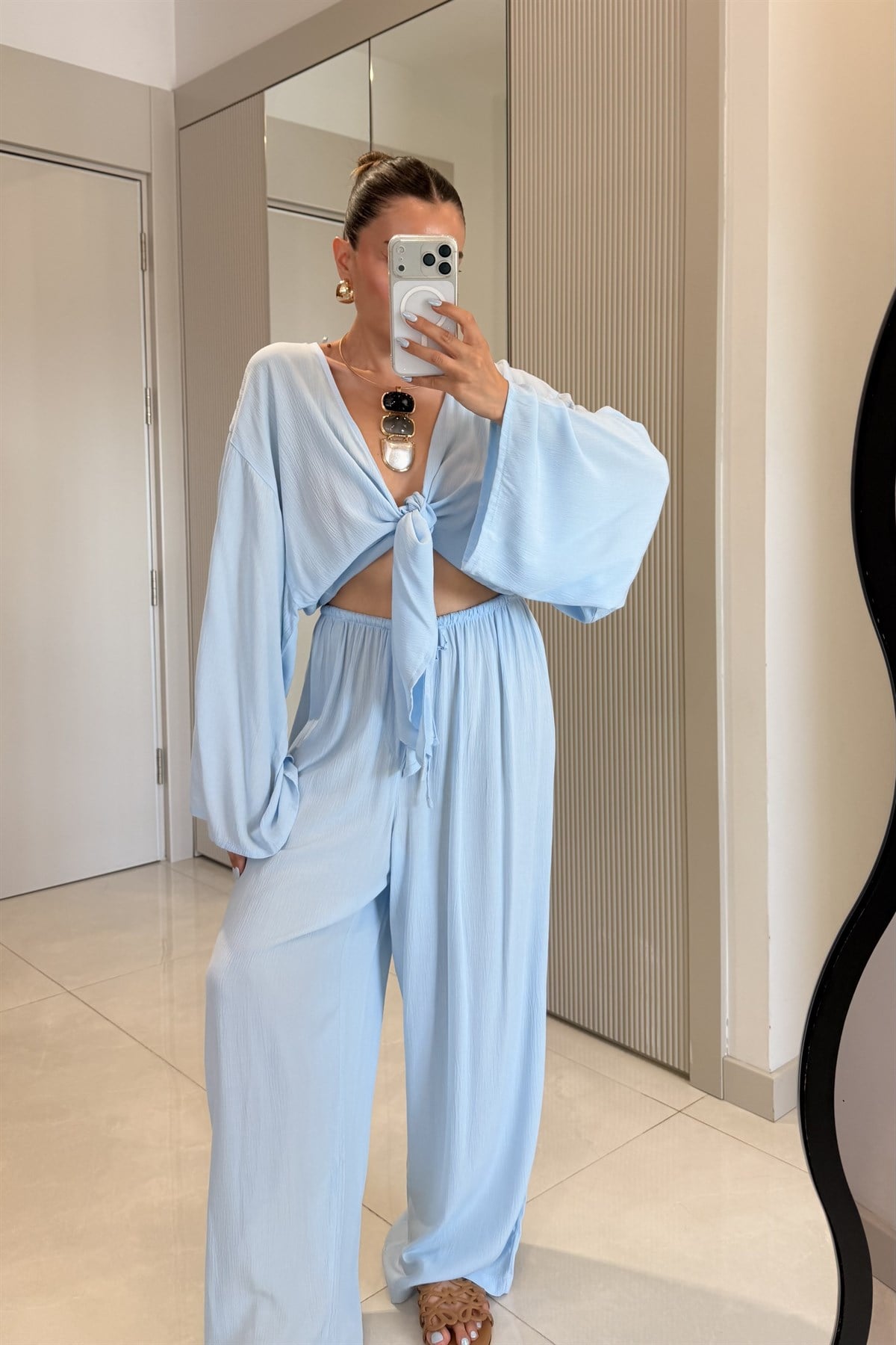 Nuvira Bebe Mavi Bağlamalı Kimono Pantolon Takım