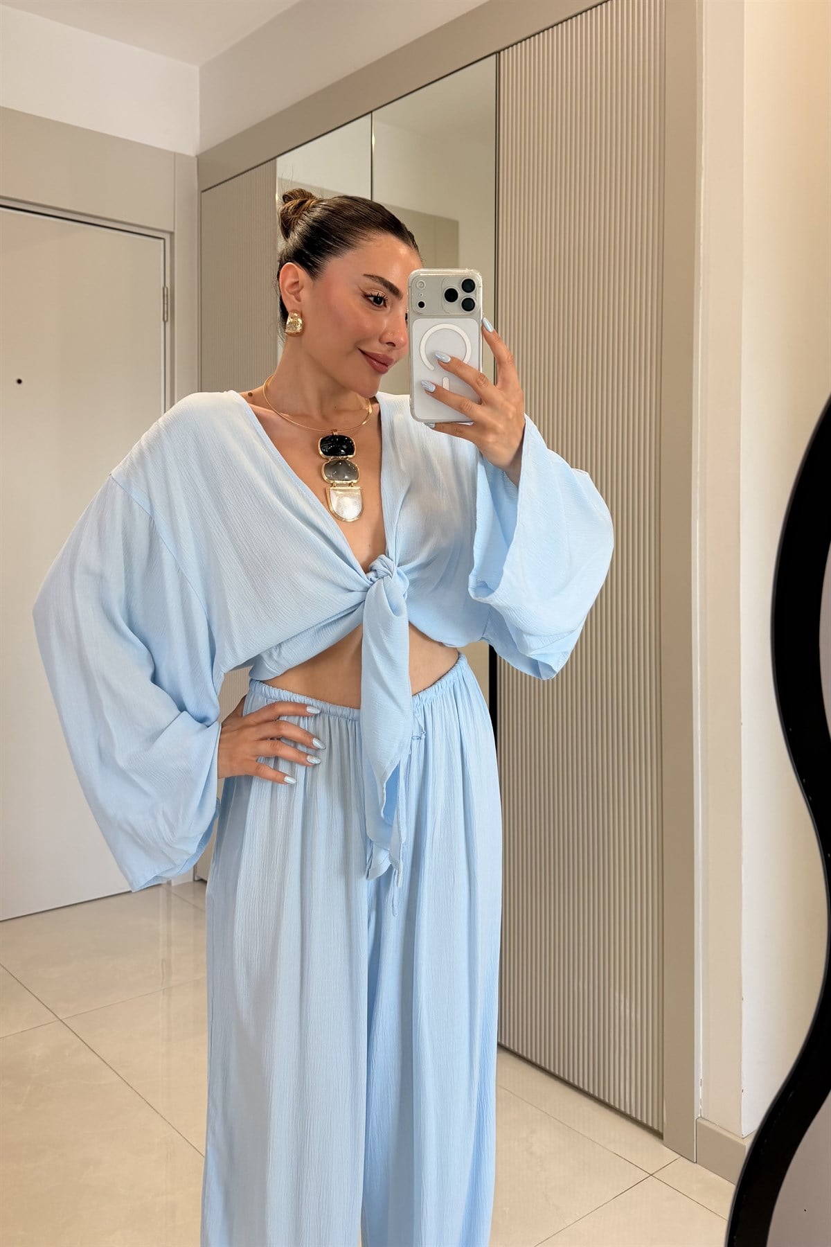 Nuvira Bebe Mavi Bağlamalı Kimono Pantolon Takım