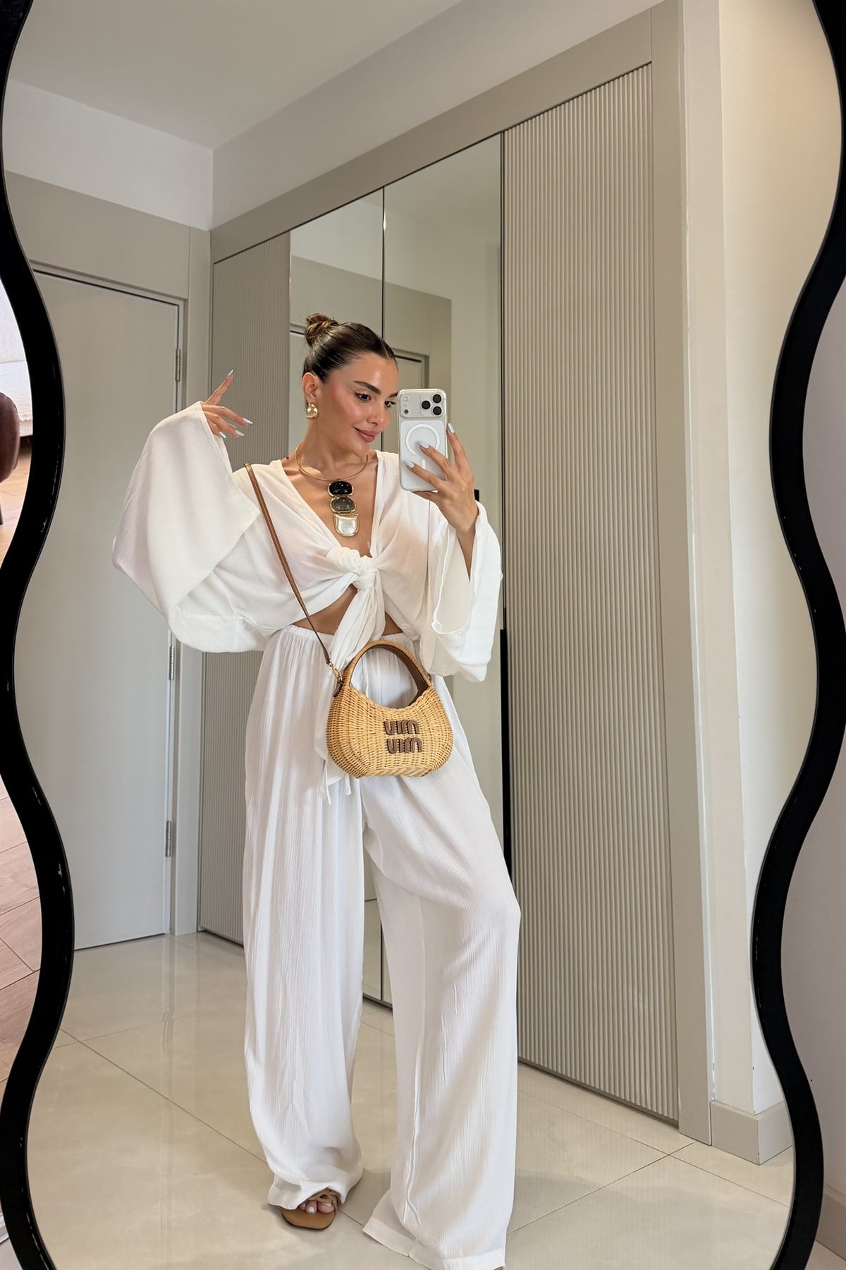 Nuvira Beyaz Bağlamalı Kimono Pantolon Takım