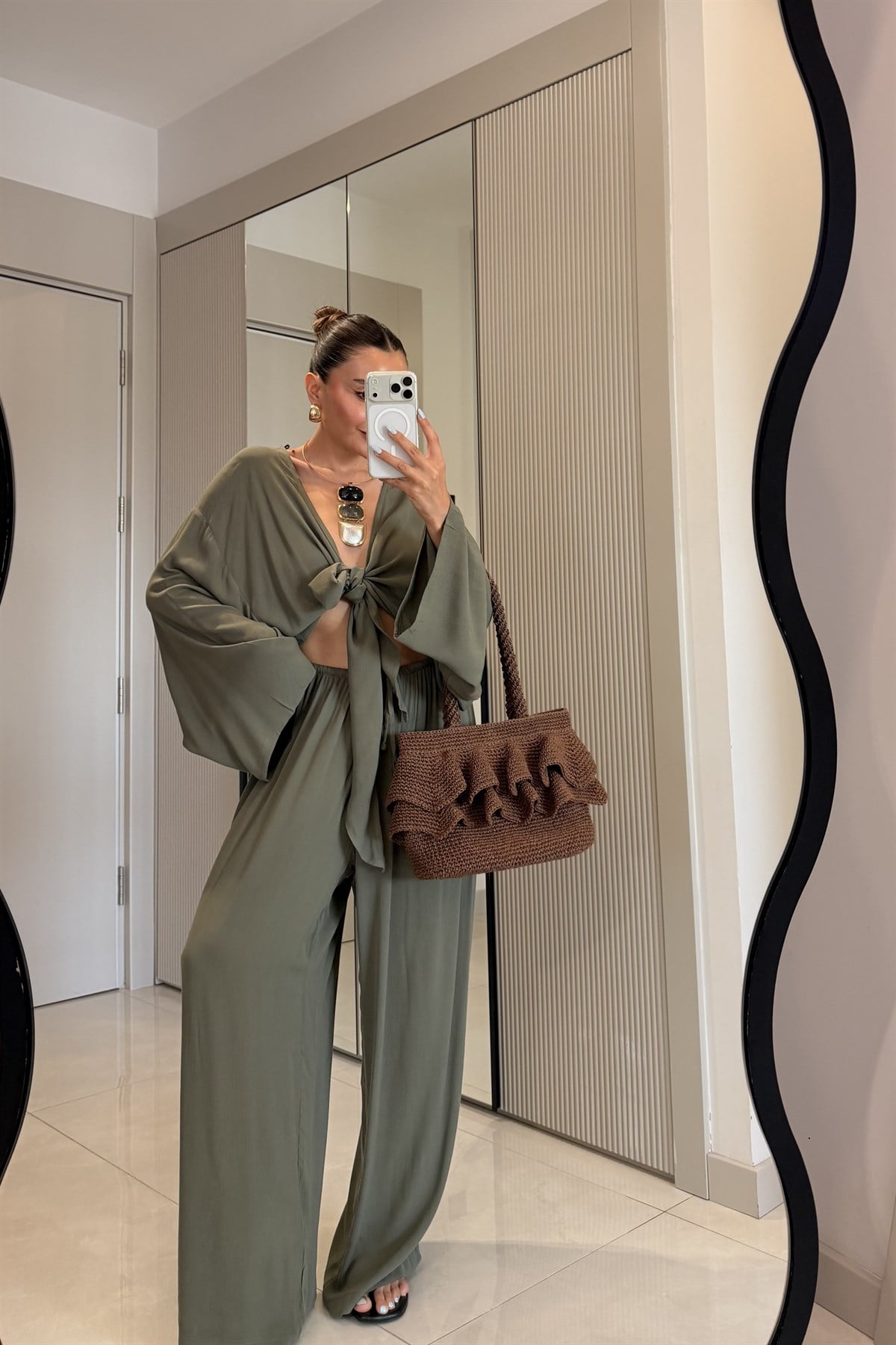 Nuvira Haki Bağlamalı Kimono Pantolon Takım