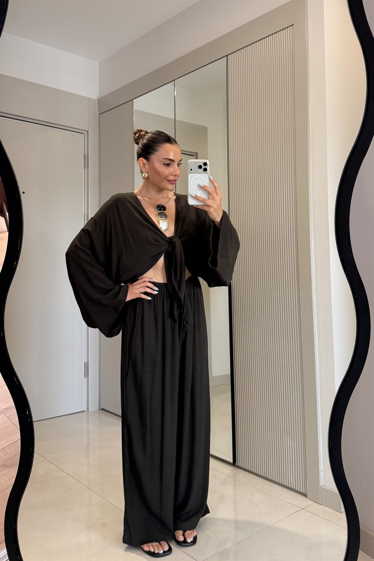 Nuvira Kahve Bağlamalı Kimono Pantolon Takım
