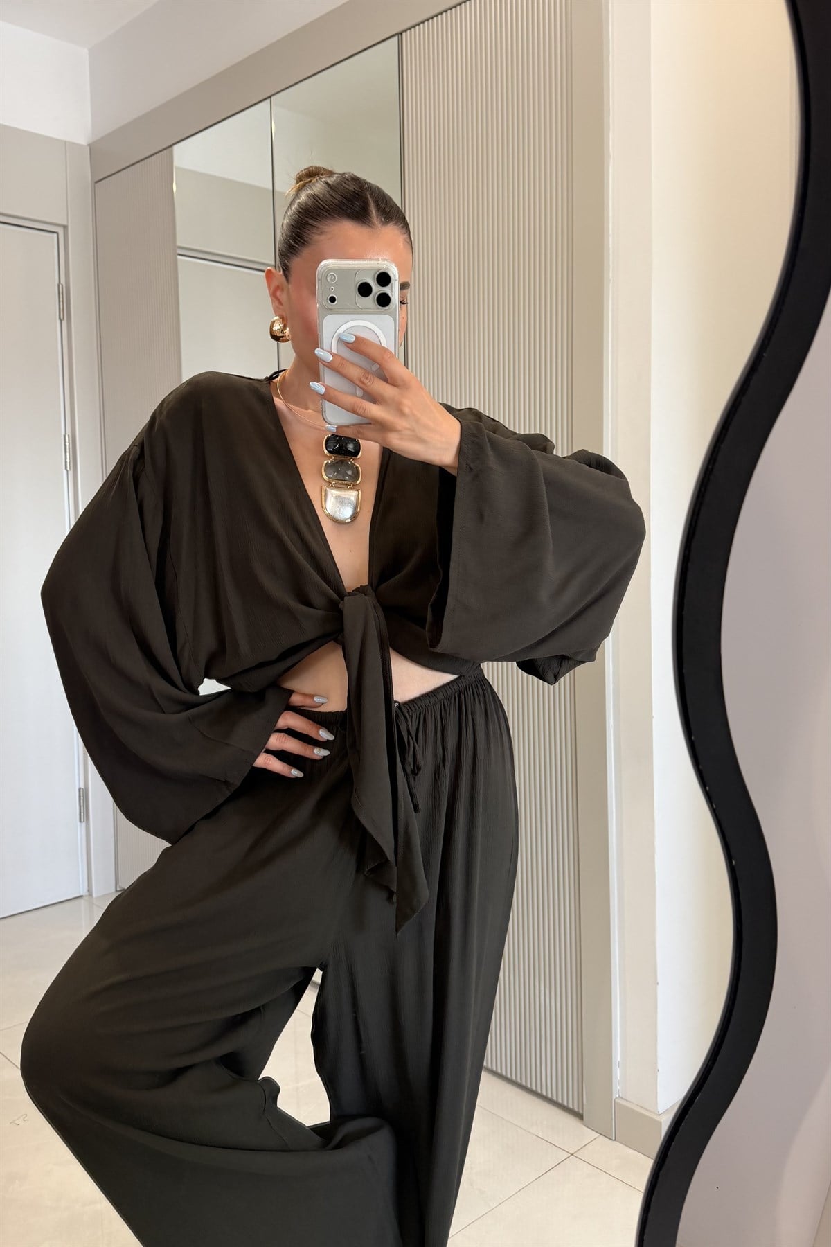 Nuvira Kahve Bağlamalı Kimono Pantolon Takım