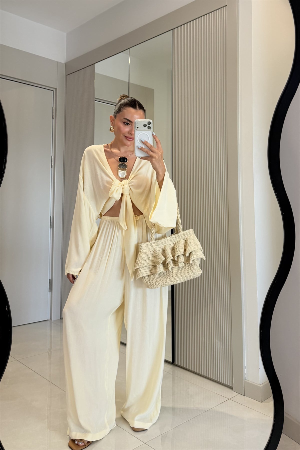 Nuvira Sarı Bağlamalı Kimono Pantolon Takım