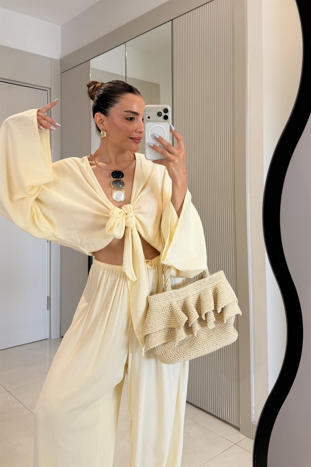 Nuvira Sarı Bağlamalı Kimono Pantolon Takım