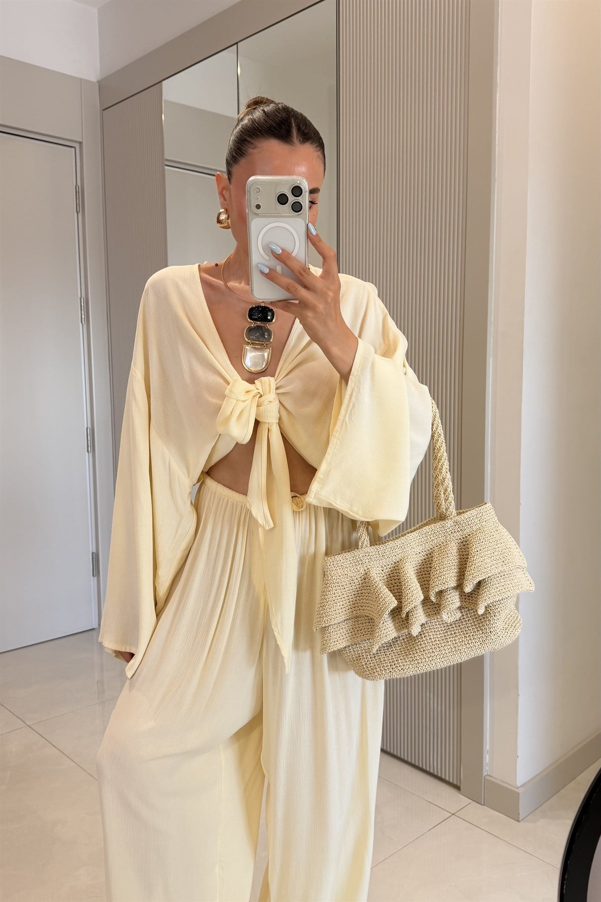 Nuvira Sarı Bağlamalı Kimono Pantolon Takım