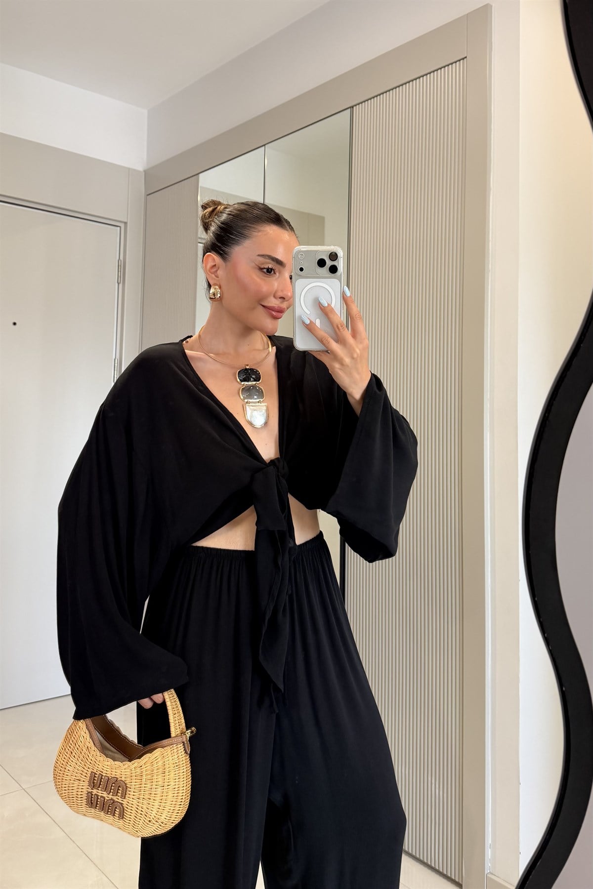 Nuvira Siyah Bağlamalı Kimono Pantolon Takım