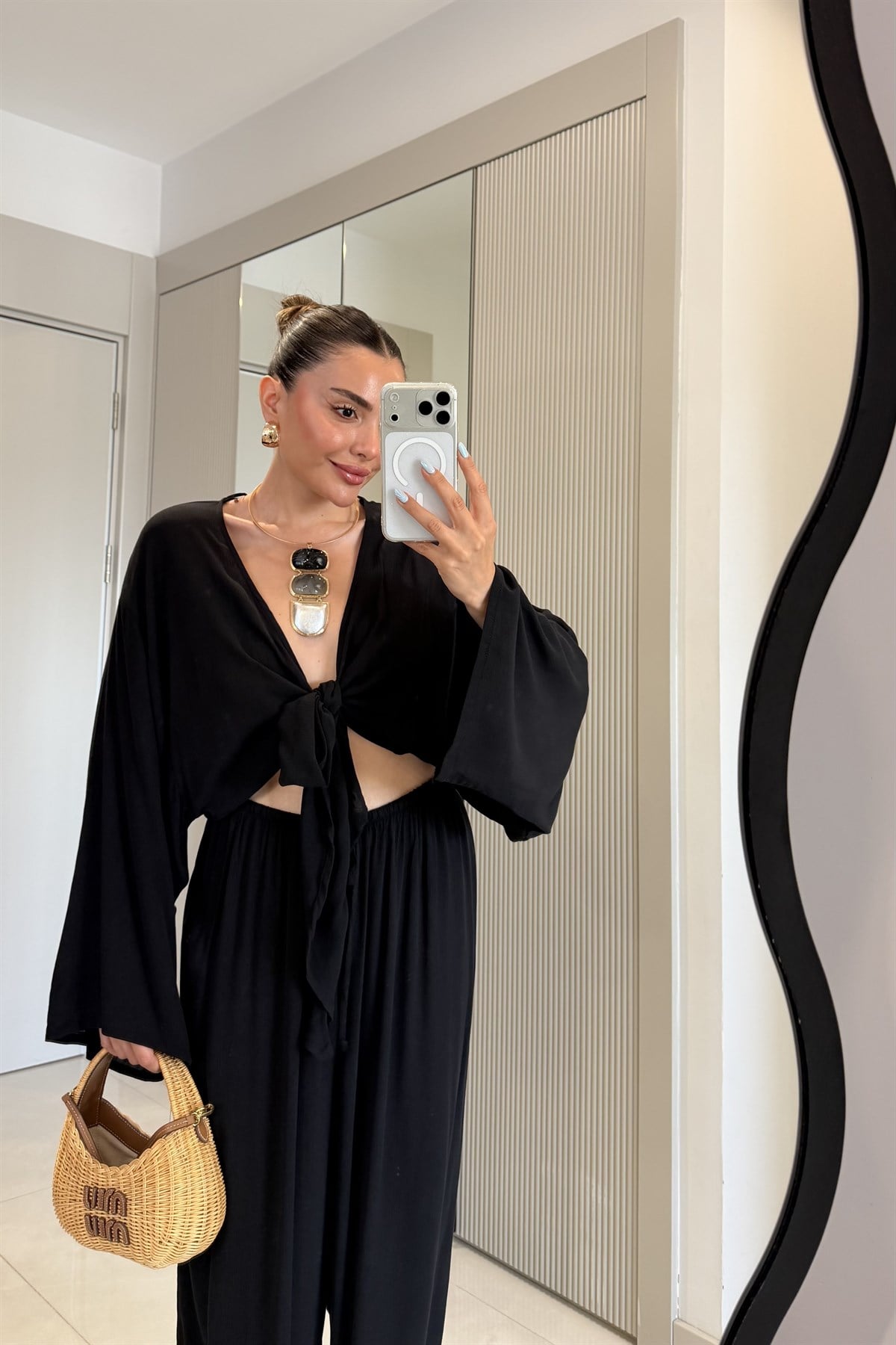 Nuvira Siyah Bağlamalı Kimono Pantolon Takım