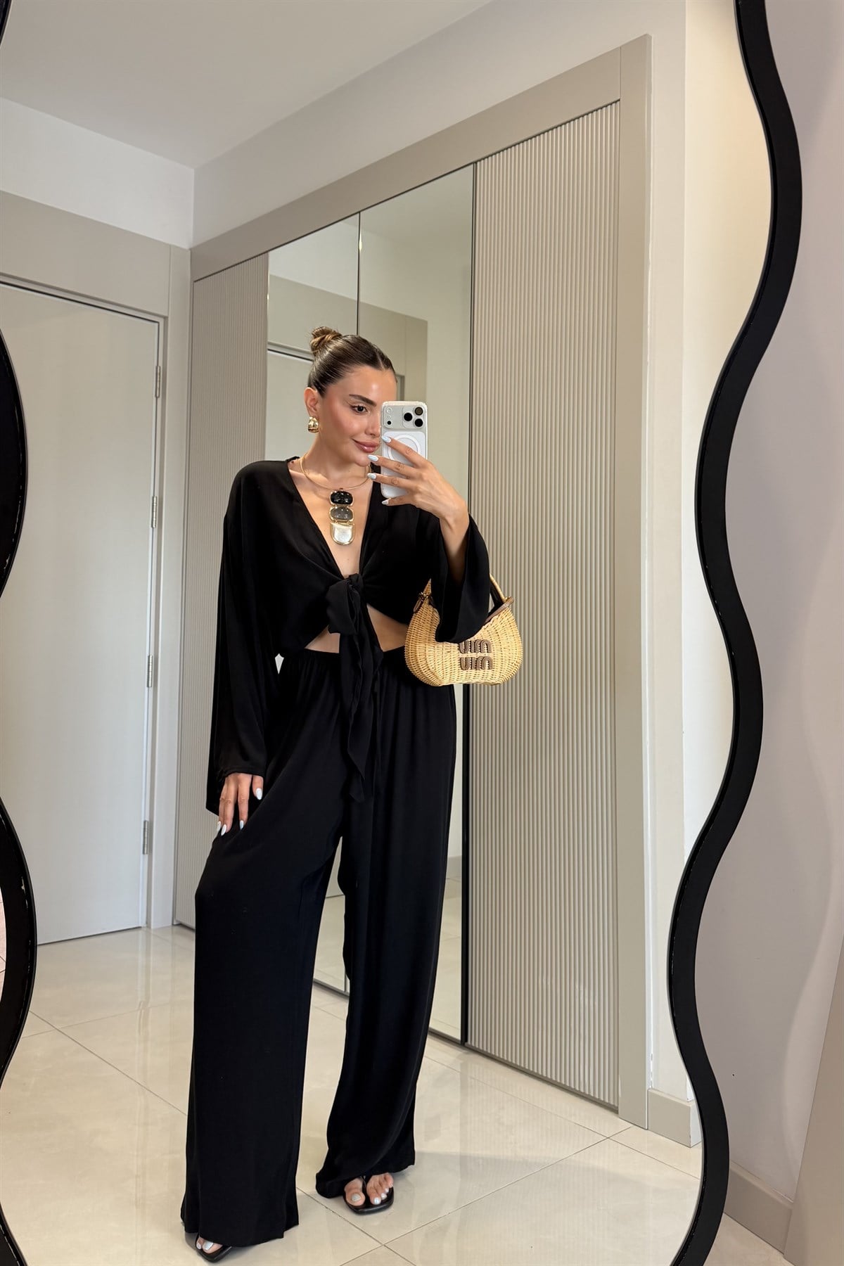 Nuvira Siyah Bağlamalı Kimono Pantolon Takım