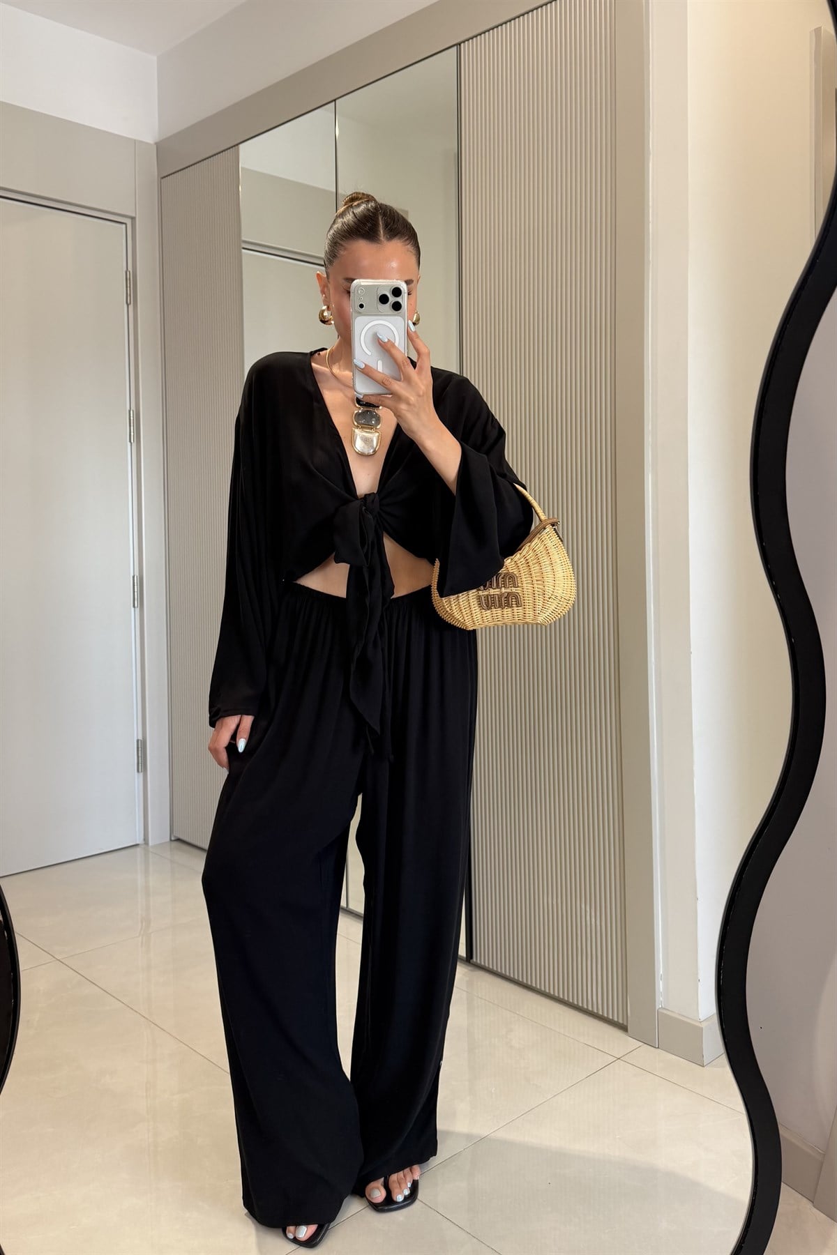 Nuvira Siyah Bağlamalı Kimono Pantolon Takım