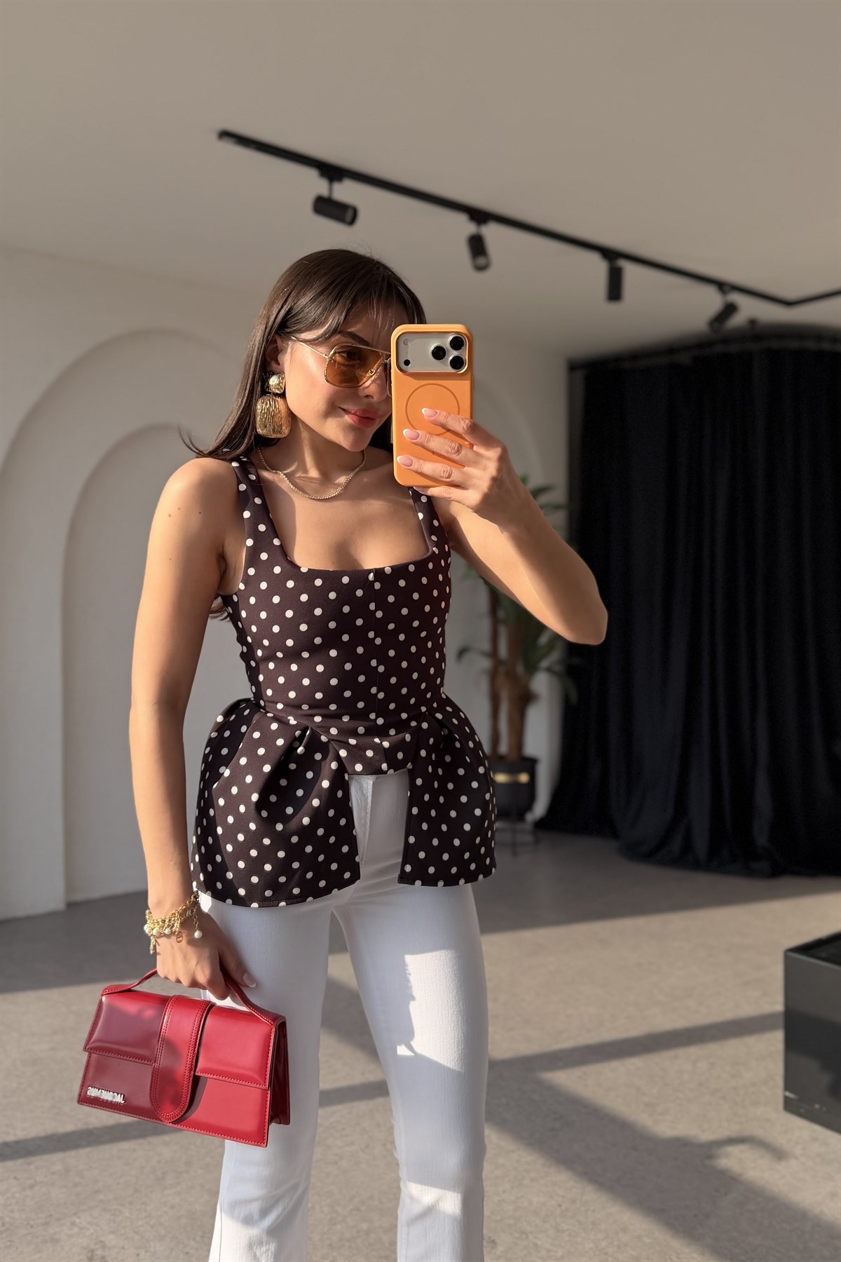 Russie Siyah Puantiyeli Peplum Bluz
