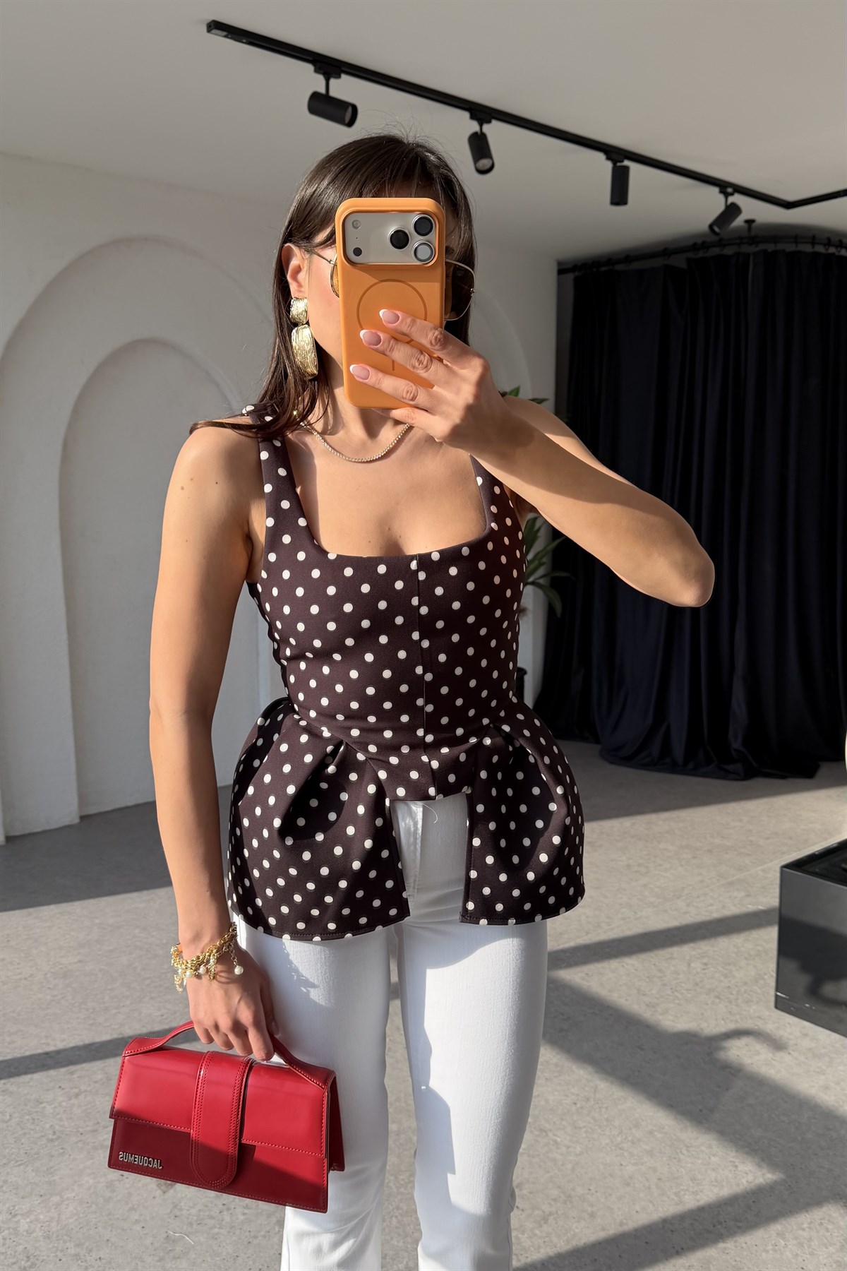 Russie Siyah Puantiyeli Peplum Bluz