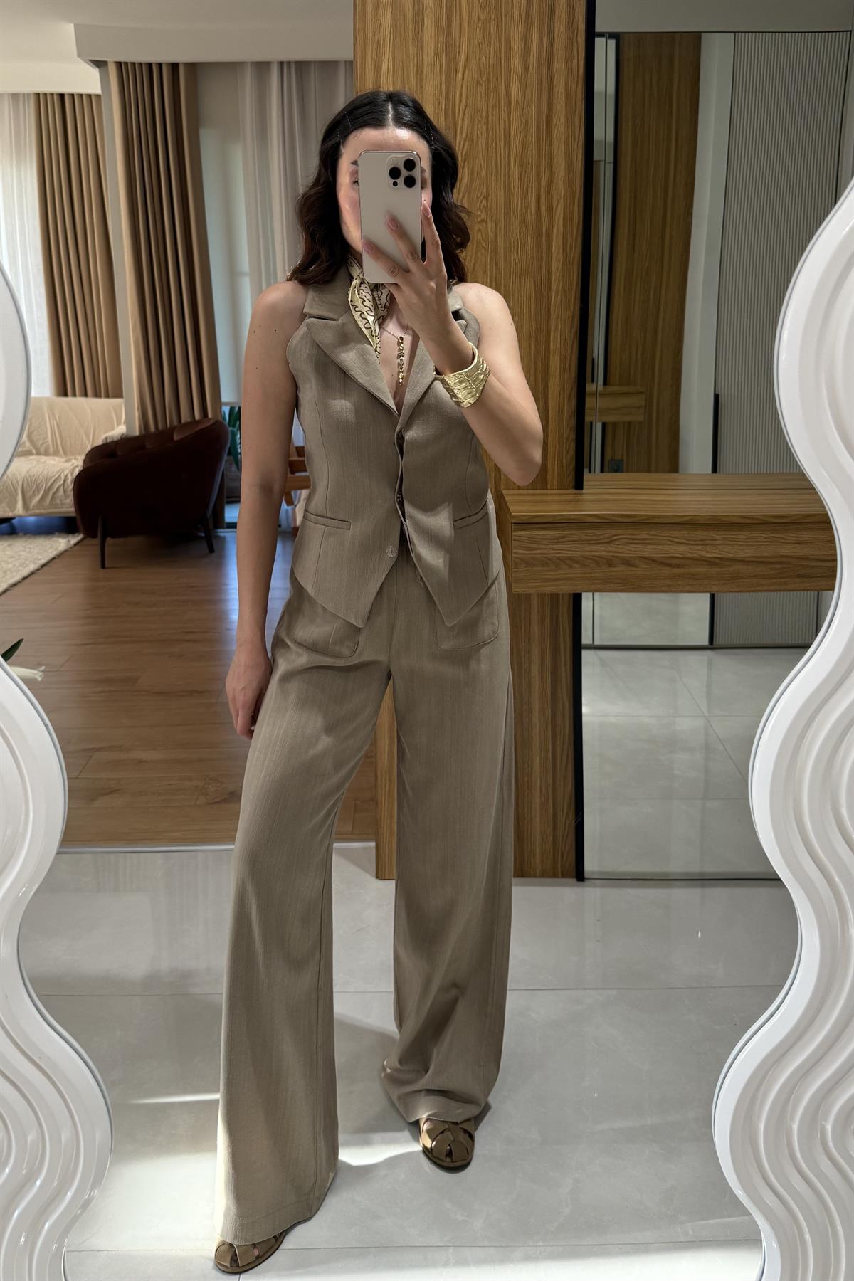 Rylah Haki Yelekli Keten Premium Takım