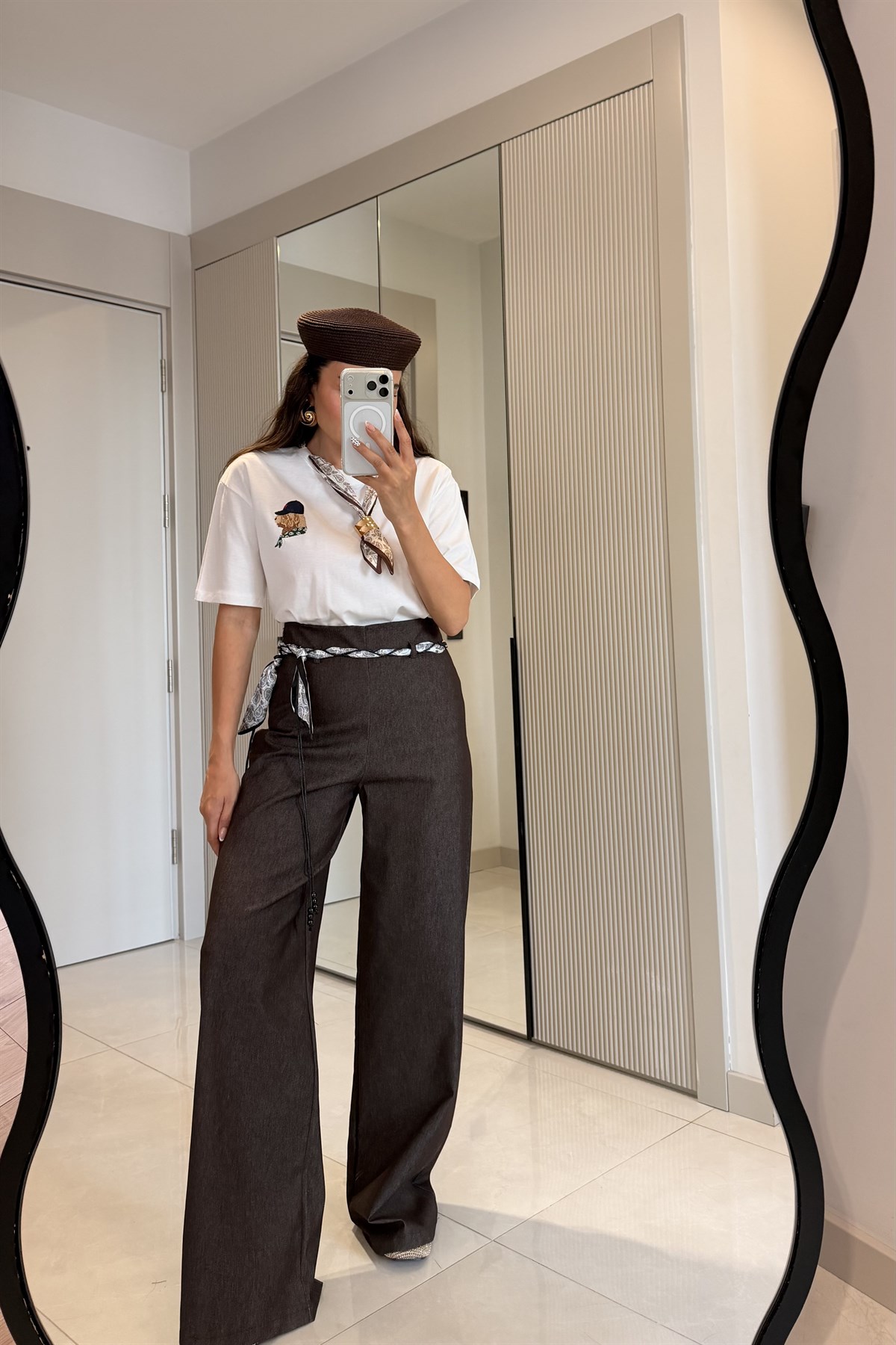 Sacha Kahve Denim Kemerli Palazzo Pantolon