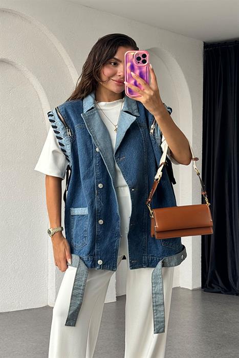 Sacha Kuş Gözü Detaylı Tasarım Denim Yelek