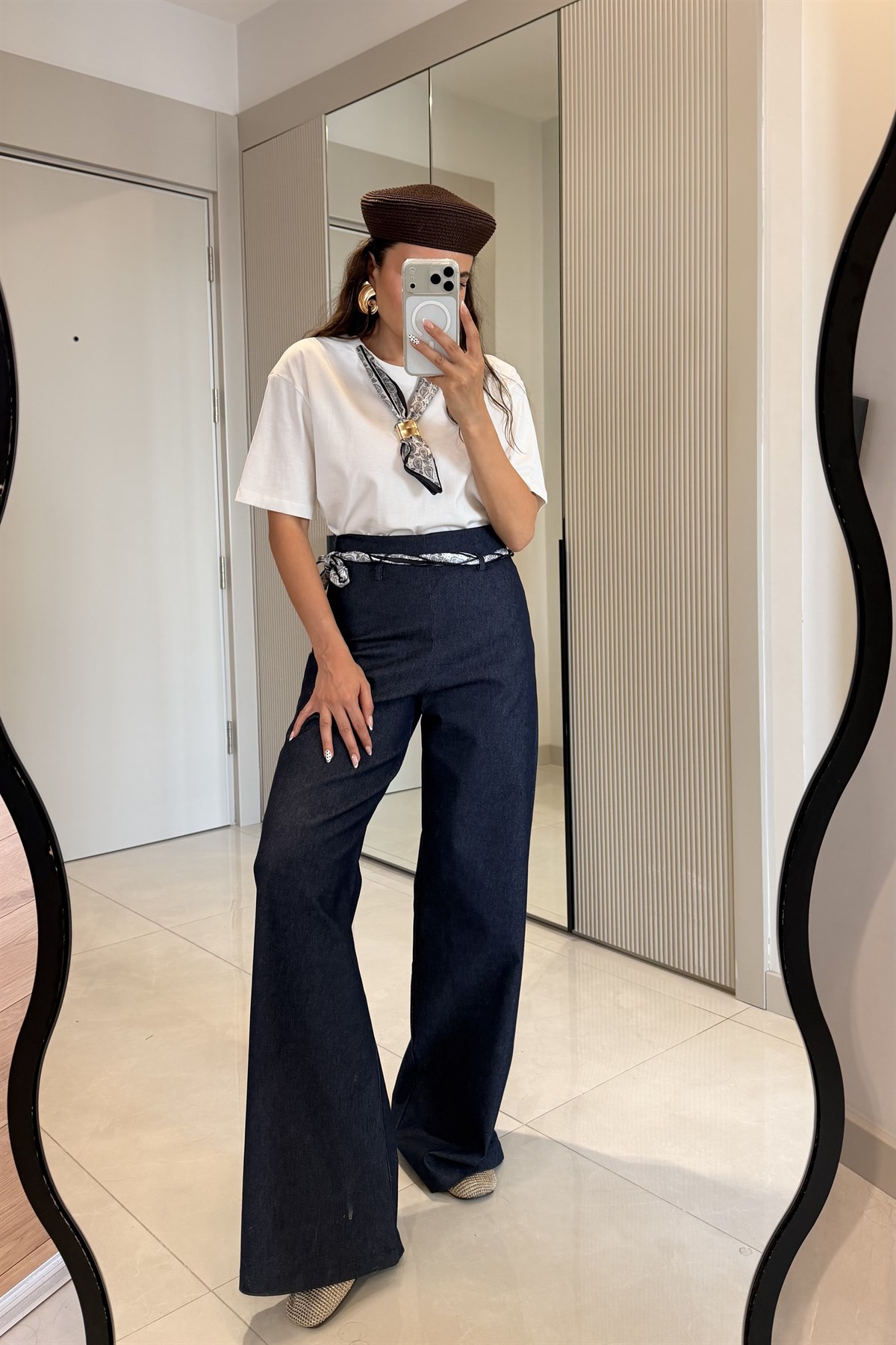Sacha Lacivert Denim Kemerli Palazzo Pantolon