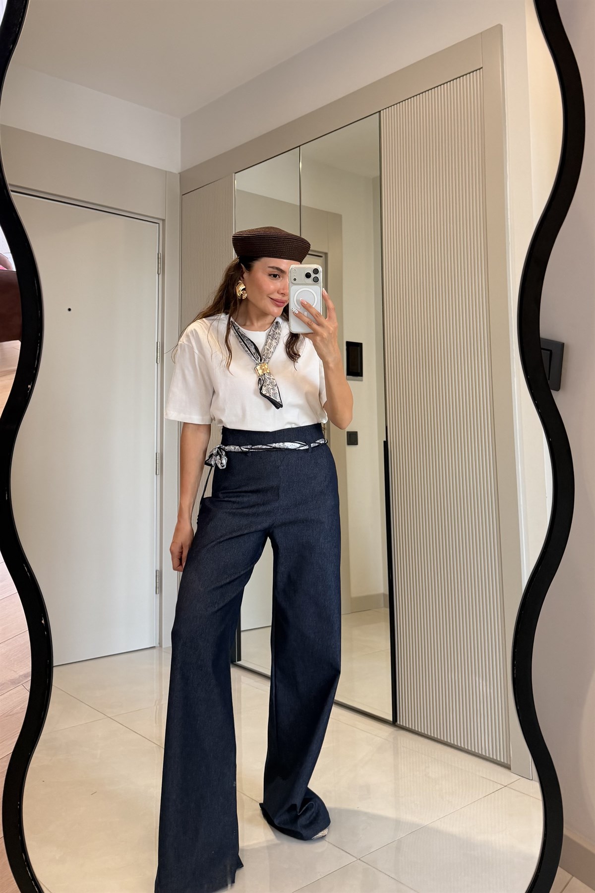 Sacha Lacivert Denim Kemerli Palazzo Pantolon