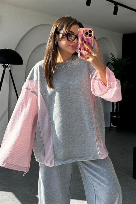 Saffron Pembe Geçişli Gri Sweat