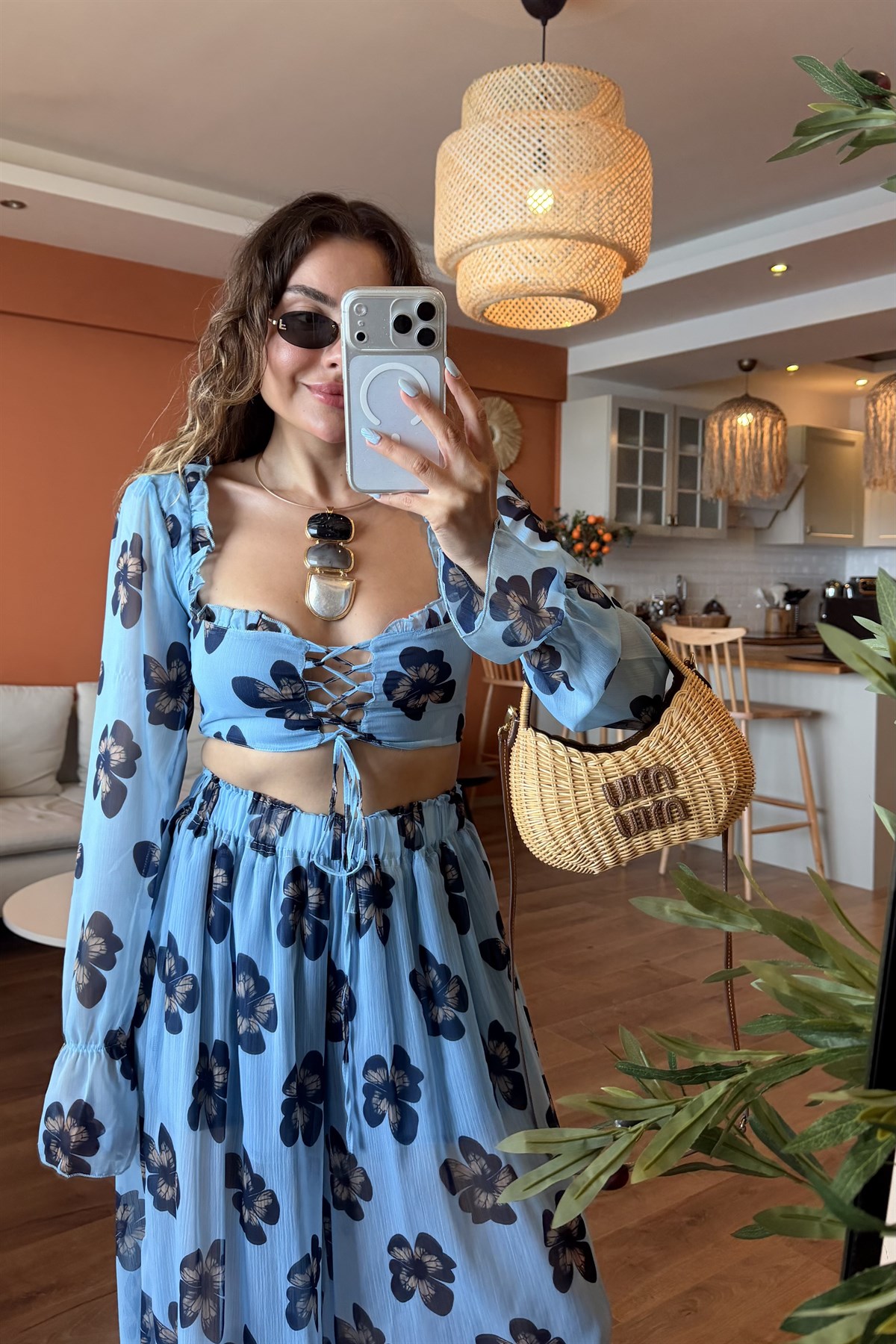 Saint Mavi Crop Bluz & Şalvar Kesim Pantolon Takım