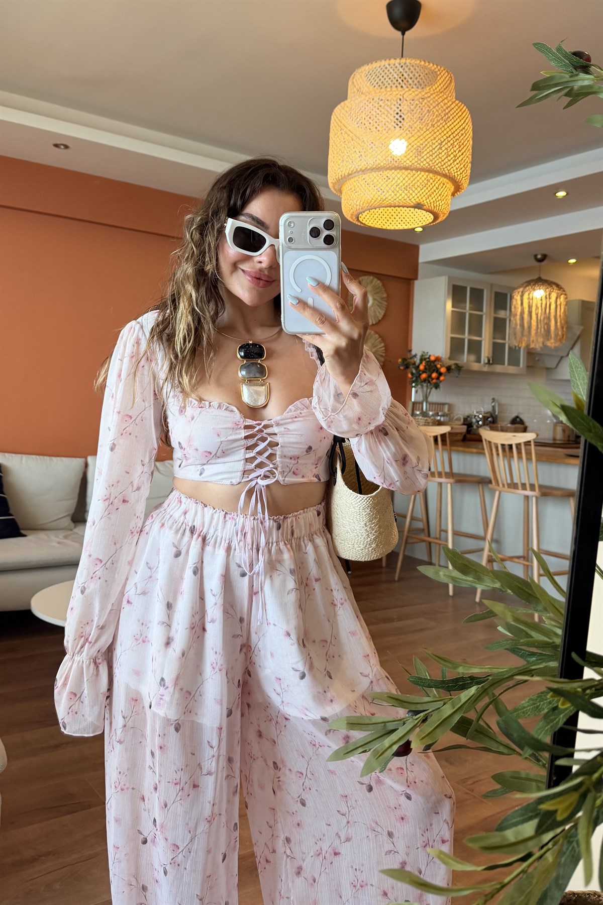 Saint Pembe Crop Bluz & Şalvar Kesim Pantolon Takım