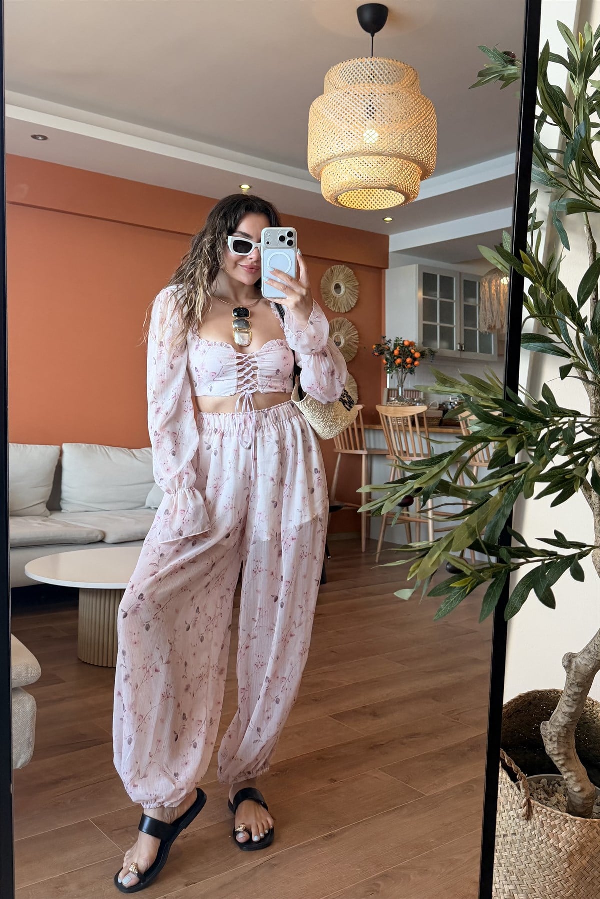 Saint Pembe Crop Bluz & Şalvar Kesim Pantolon Takım