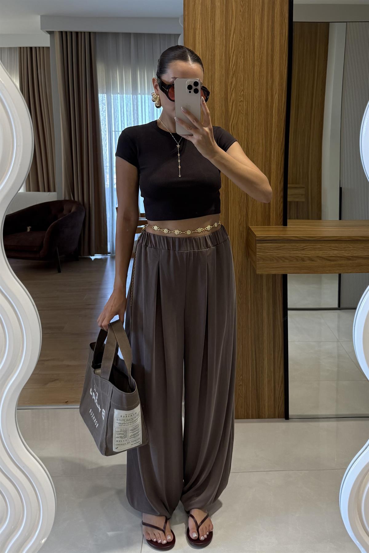 Saira Koyu Kahve Dilvin Fitilli Yarım Kollu Crop 