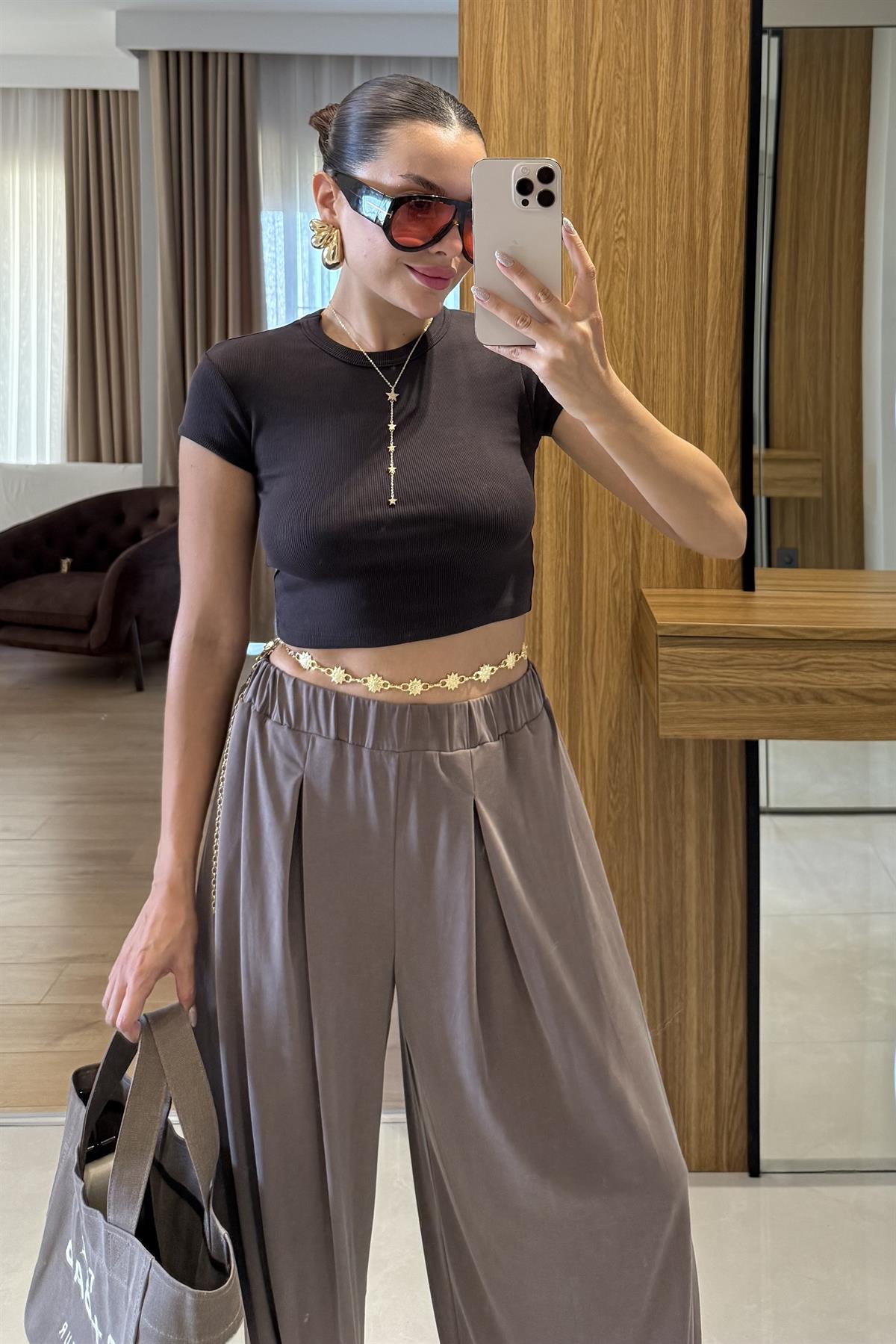 Saira Koyu Kahve Dilvin Fitilli Yarım Kollu Crop 