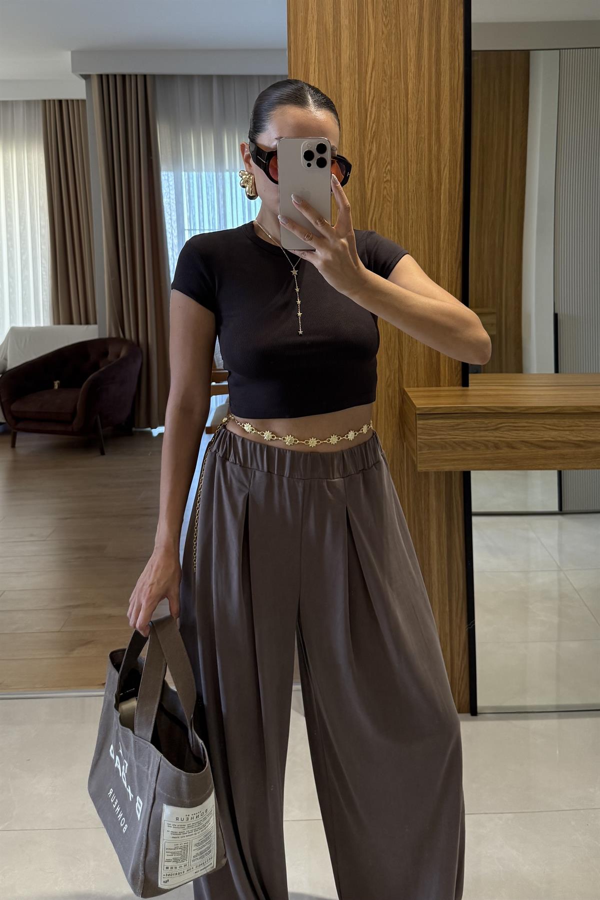 Saira Koyu Kahve Dilvin Fitilli Yarım Kollu Crop 
