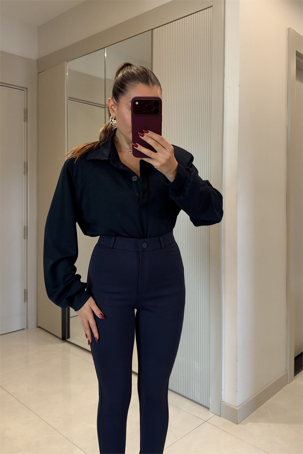 Saldos Lacivert Vatkalı Polo Yaka Düğmeli Sweatshirt