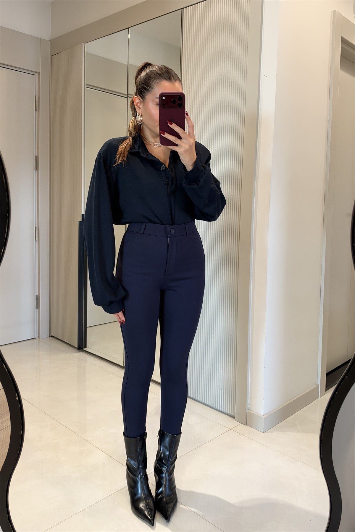 Saldos Lacivert Vatkalı Polo Yaka Düğmeli Sweatshirt