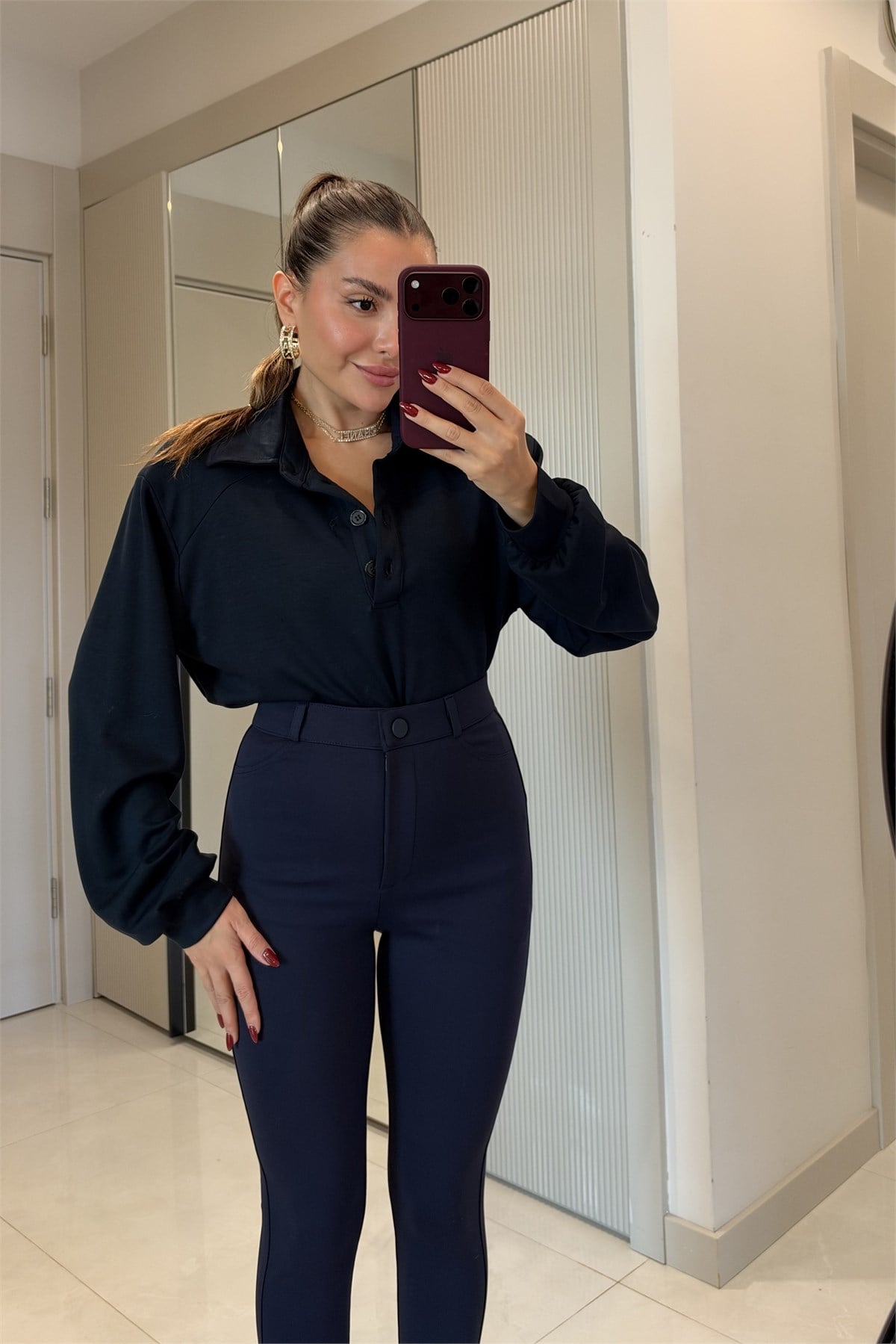 Saldos Lacivert Vatkalı Polo Yaka Düğmeli Sweatshirt