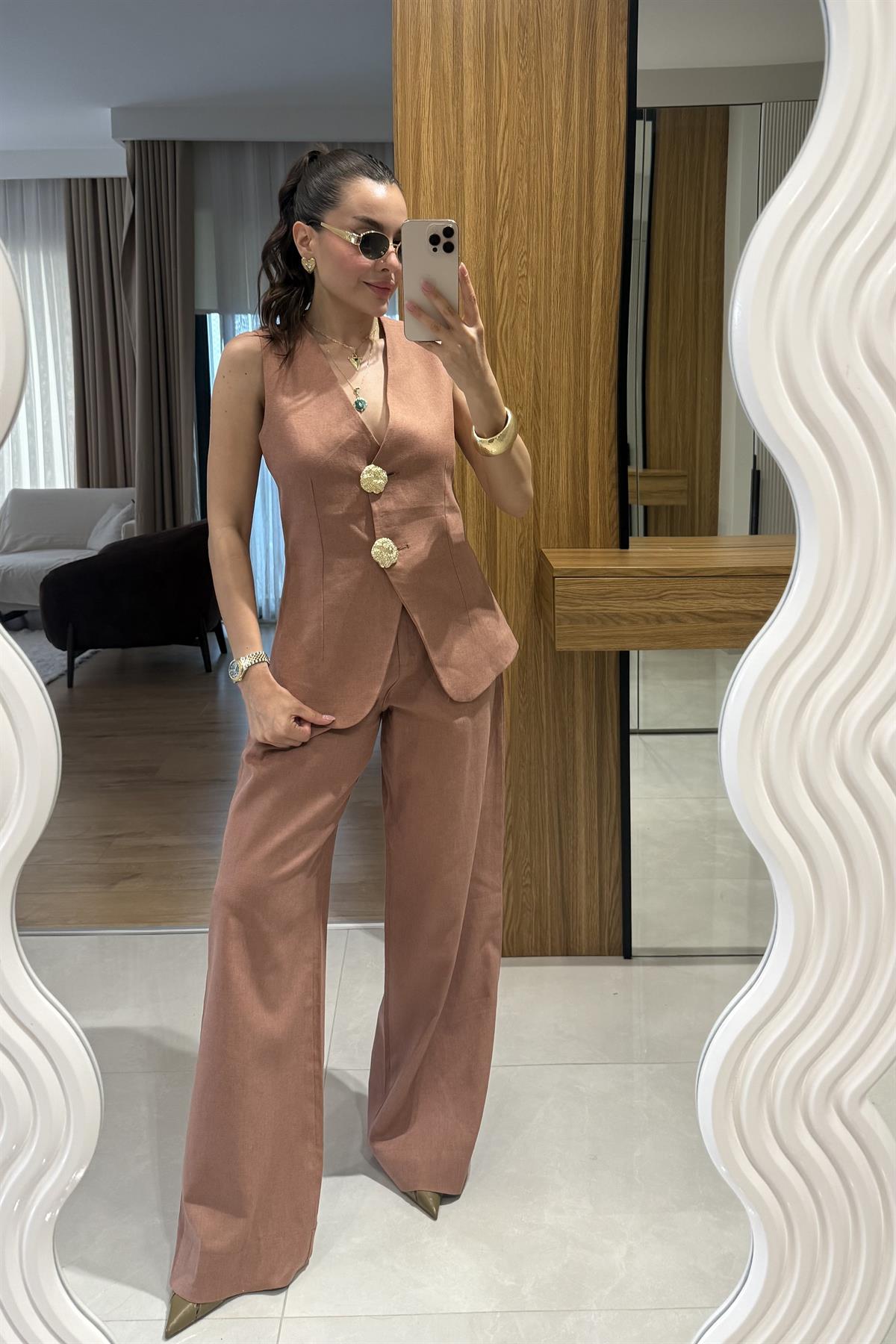 Samantha Kiremit Gold Düğmeli Keten Takım