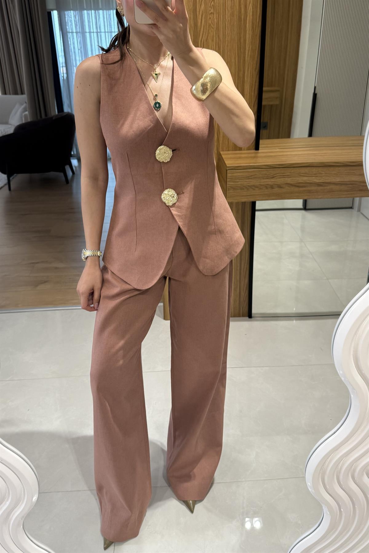 Samantha Kiremit Gold Düğmeli Keten Takım