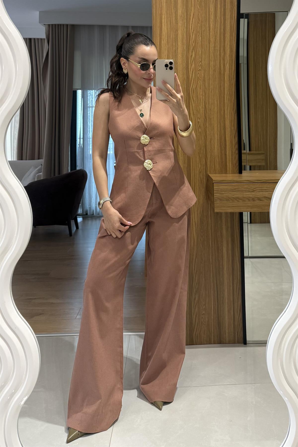 Samantha Kiremit Gold Düğmeli Keten Takım