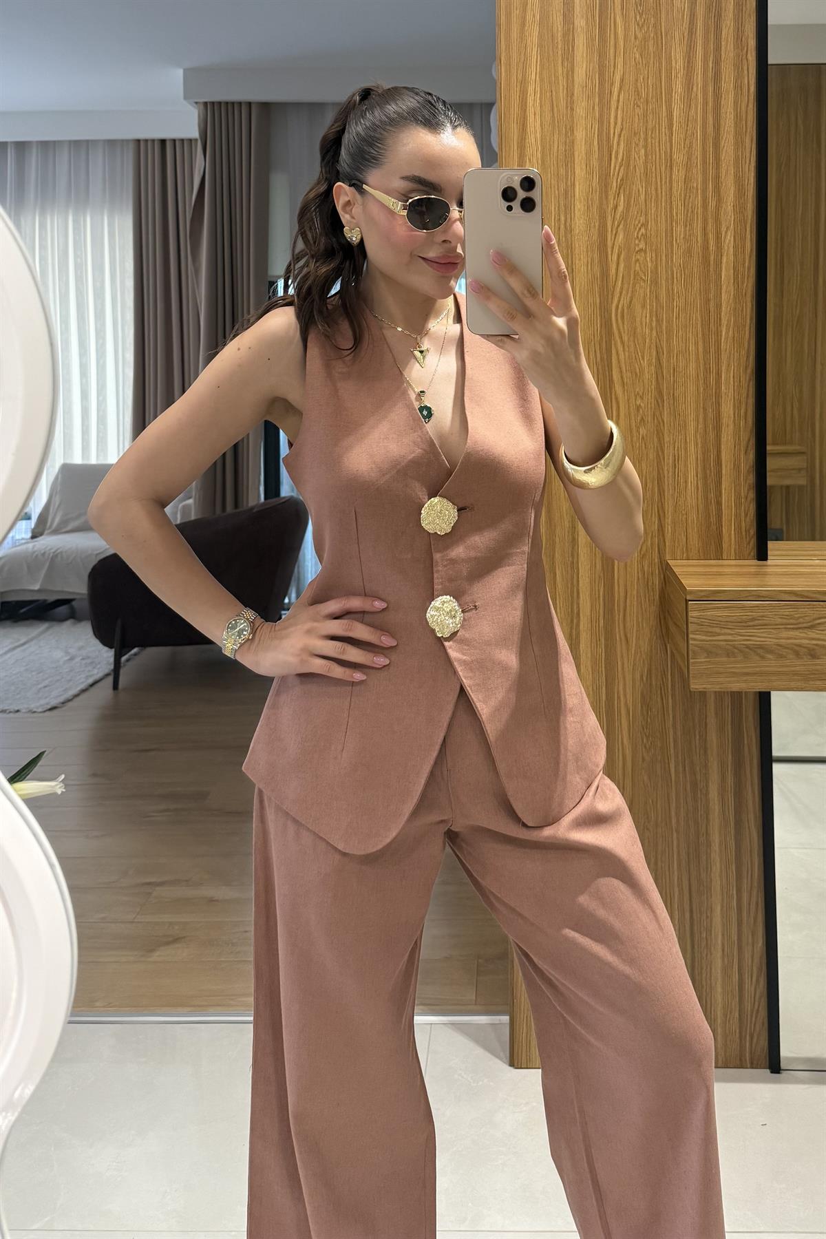 Samantha Kiremit Gold Düğmeli Keten Takım